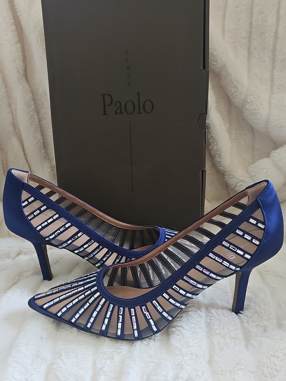 Paolo Navy Blue Satin Pointed Heel with Crystal Cutout Straps